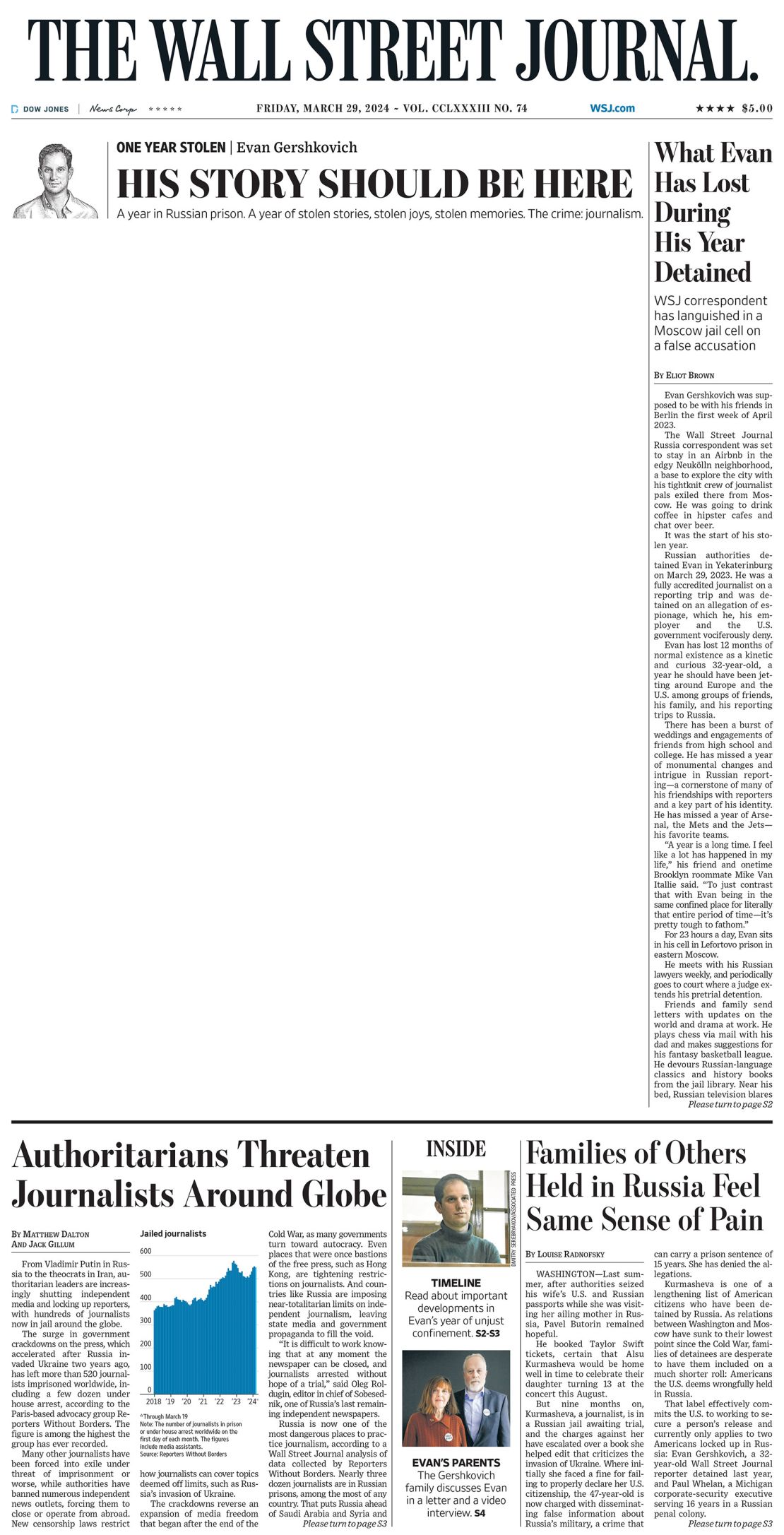 The front page marking the one year anniversary of Evan Gershkovich