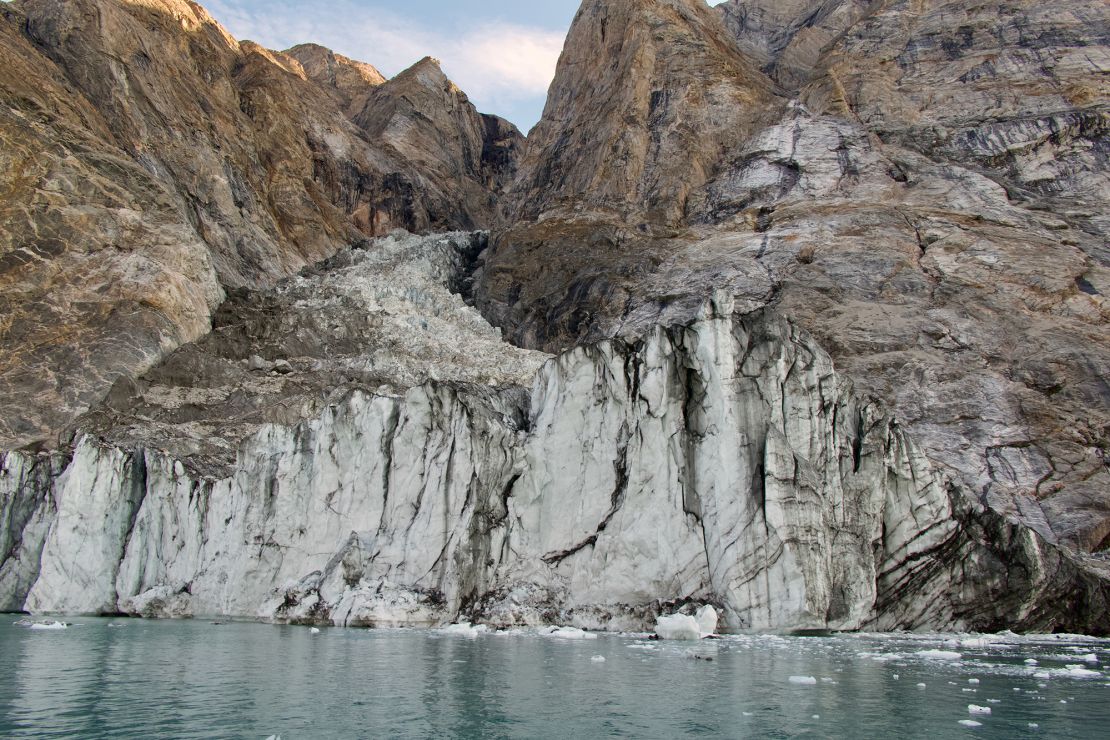 The mountain in Dickson Fjord, East Greenland, on August 12, 2023 before the landslide.