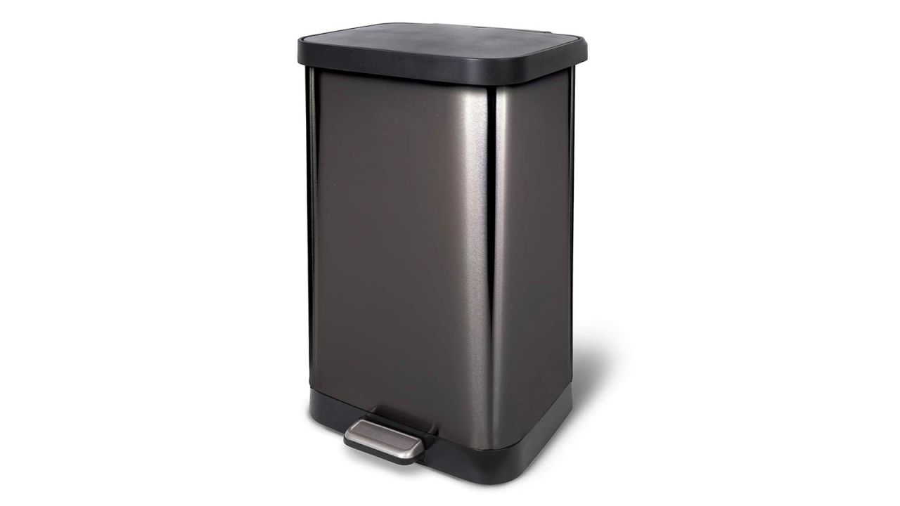 A pewter trash can on a white background.