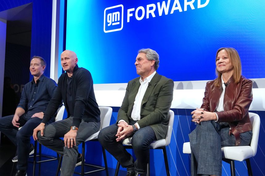 Mary Barra, Chair and CEO of General Motors (right to left), Mark Reuss, President, Sterling Anderson, Chief Product Officer, and Dave Richardson, Senior Vice President Software and Services Engineering present at GM Forward Wednesday, October 22, 2025 in New York, New York.