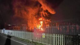 This image shared by the London Fire Brigade shows a fire at an electrical substation supplying Heathrow Airport, in Hayes, England, on March 21, 2025