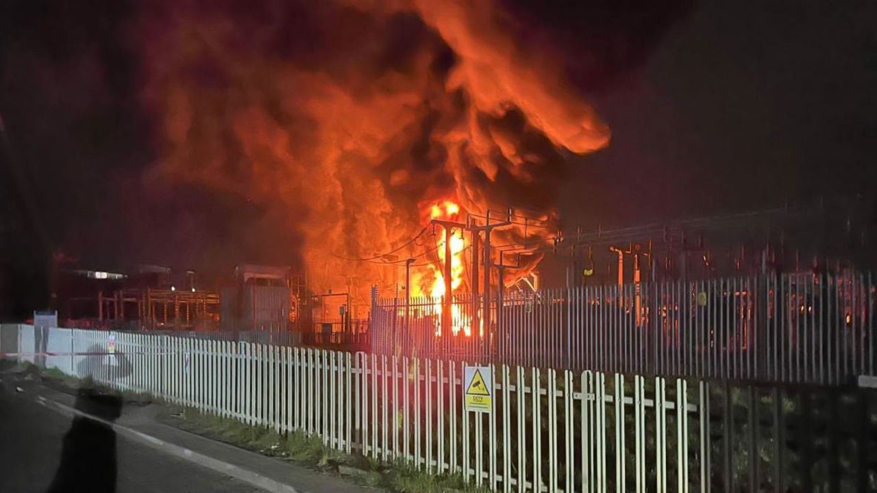 This image shared by the London Fire Brigade shows a fire at an electrical substation supplying Heathrow Airport, in Hayes, England, on March 21, 2025