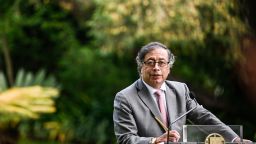 Colombian President Gustavo Petro gives a t declaration with the Portuguese Prime Minister after their meeting at Sao Bento Palace in Lisbon on May 6, 2023, as part of the Colombian President's 2-days business trip in Portugal.
