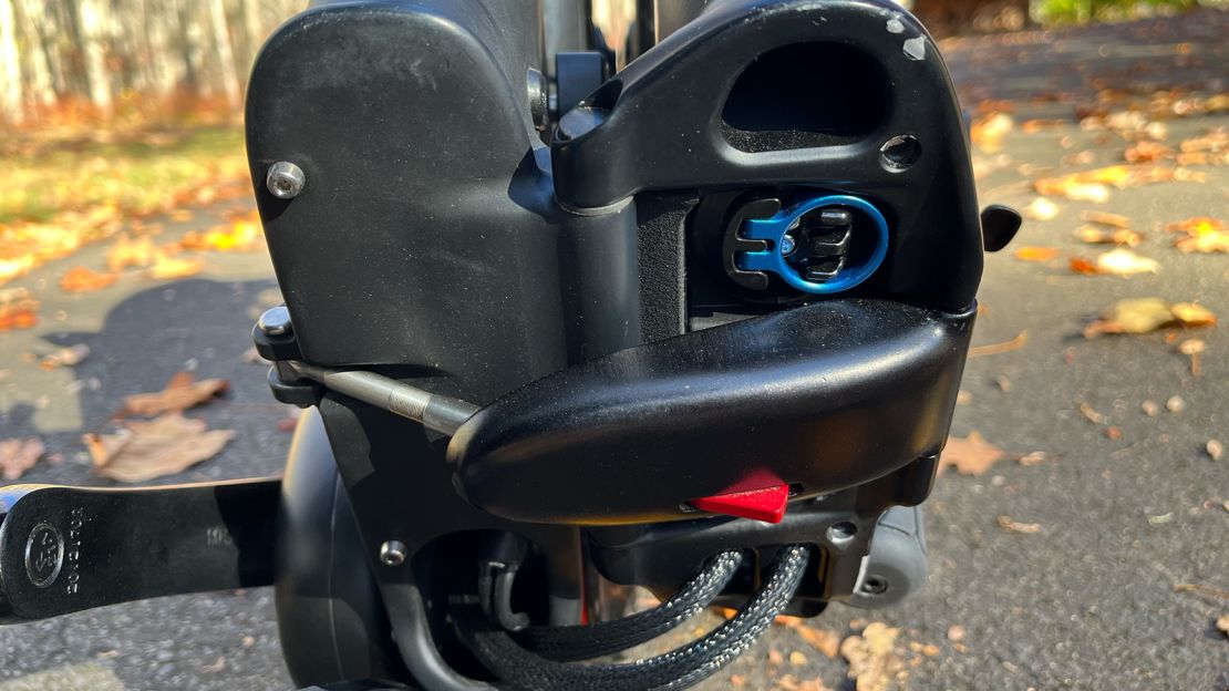 The Gocycle G4's battery is removable (and you can get extras for long journeys), but is mounted within the frame. It's accessible (via a handy blue anodized pull handle) when the bike is folded.