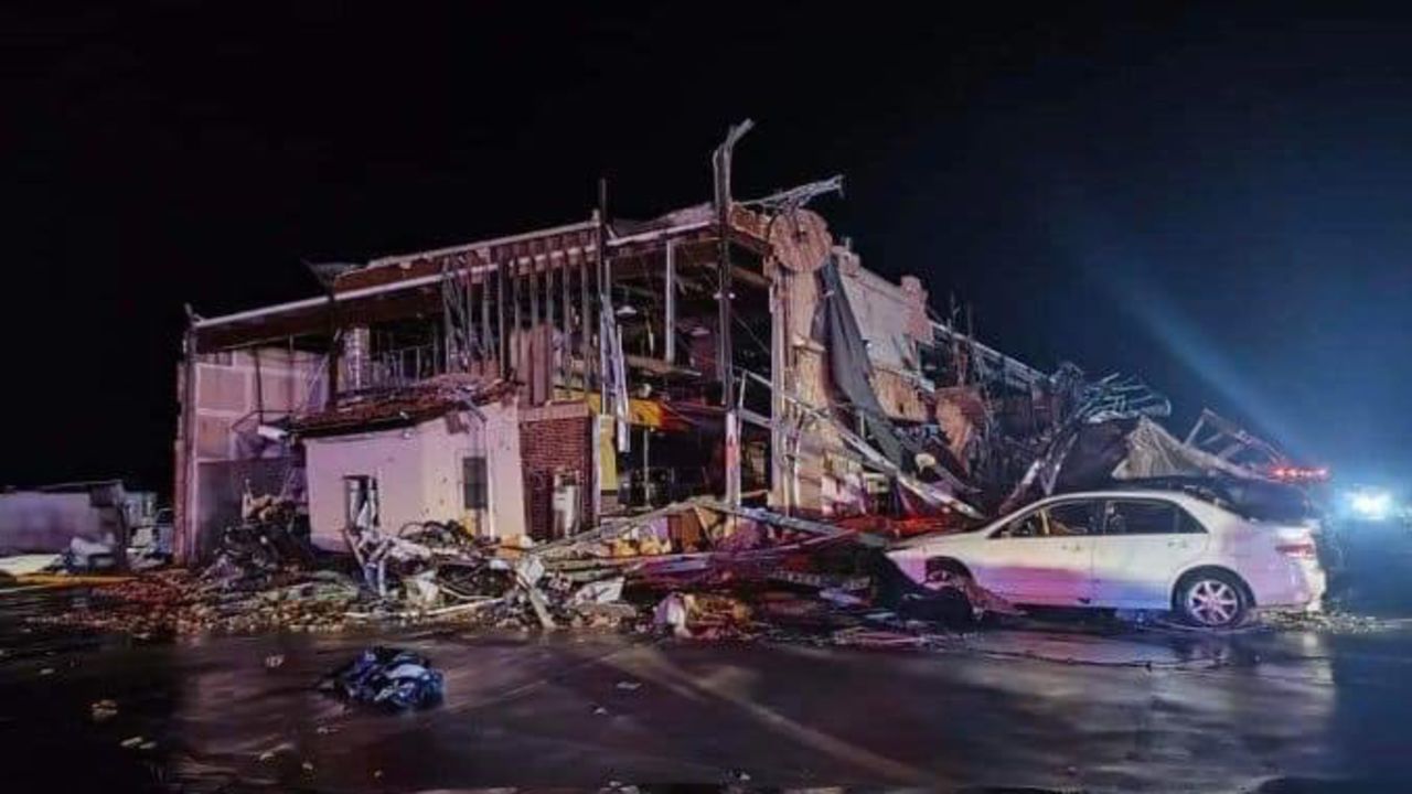 City of Denton (Texas) Fire Department shares photo of damaged building following severe weather reported in area.