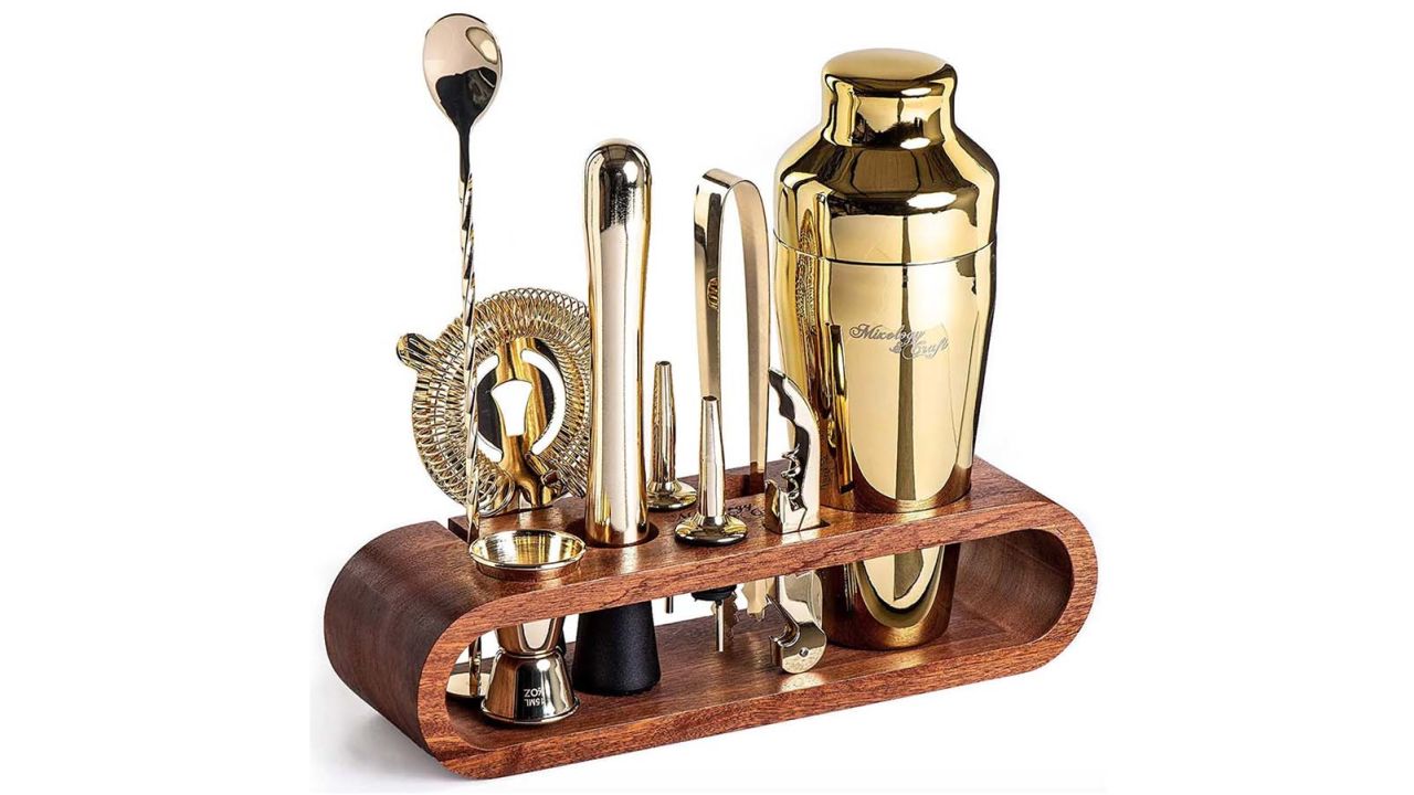 Gold Cocktail Shaker Set with Mahogany Stand 