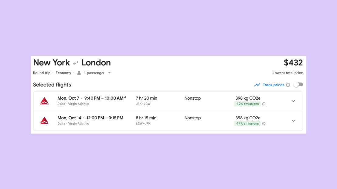 A screenshot of a Delta flight itinerary from New York to London on Google Flights