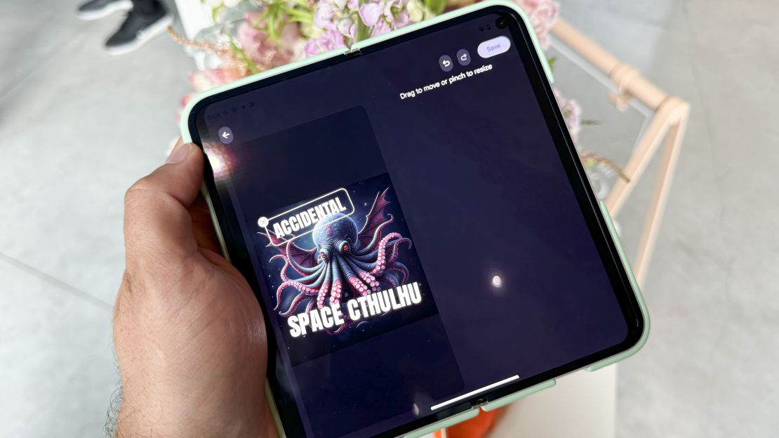 The Pixel 9 Pro Fold is open to the Pixel Studio app where a meme of an ai generated vampire squid