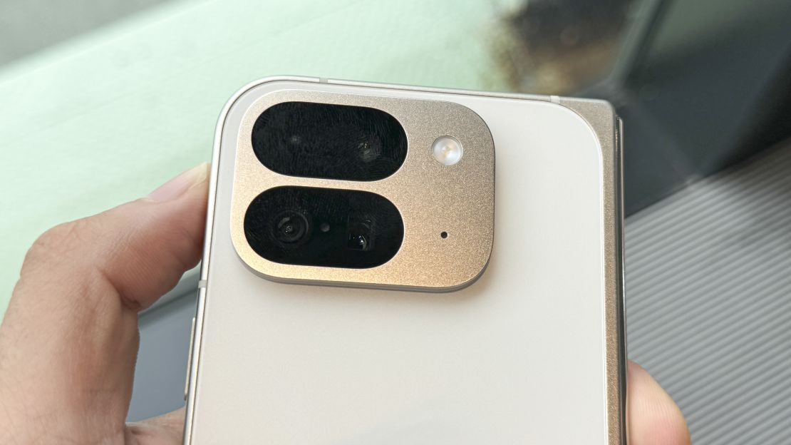 A closeup on the two ovals camera bump of the Pixel 9 Pro Fold