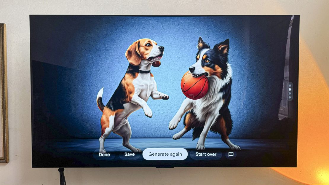 An image of dogs playing basketball on their hind legs, on a TV connected to a Google TV Streamer (off camera)