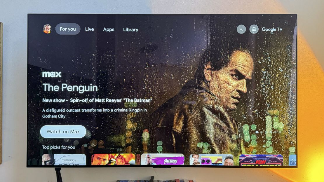 The Penguin is advertised on a TV connected to the Google TV Streamer