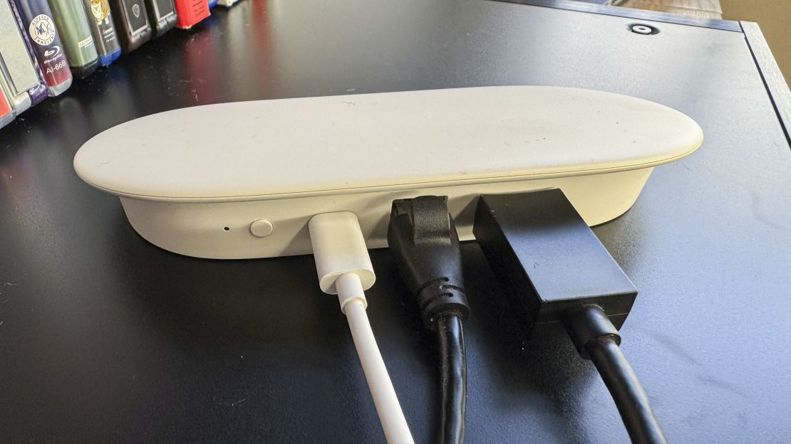 The Google TV Streamer's power, Ethernet and HDMI cables are plugged in