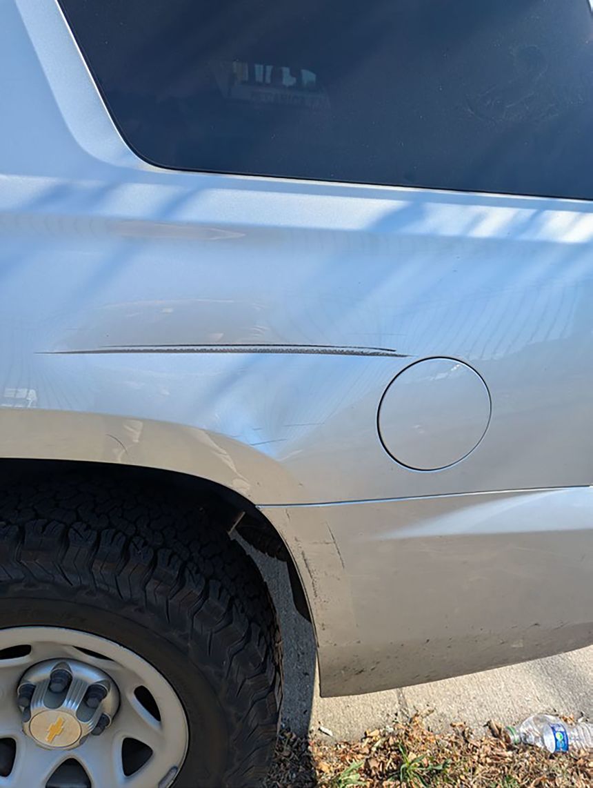 An image included in a criminal complaint against Marimar Martinez shows damage to the driver's side of the Customs and Border Protection vehicle.