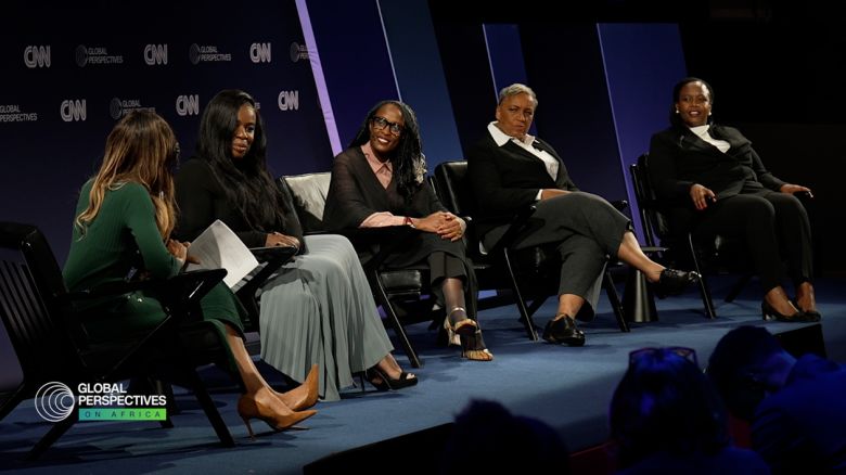 Clare Akamanzi, CEO of NBA Africa, Lesley Lokko OBE, founder and chair, African Futures Institute, Jocelyne Muhutu-Remy, managing director, sub-Saharan Africa, for Spotify, and Uzo Aduba, actress, author, and advocate, speak to CNN’s Zain Asher at Global Perspectives on Africa.