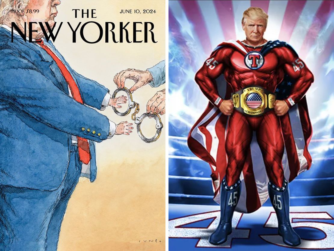 Left: The New Yorker cover; Right: Trump superhero NFT trading card