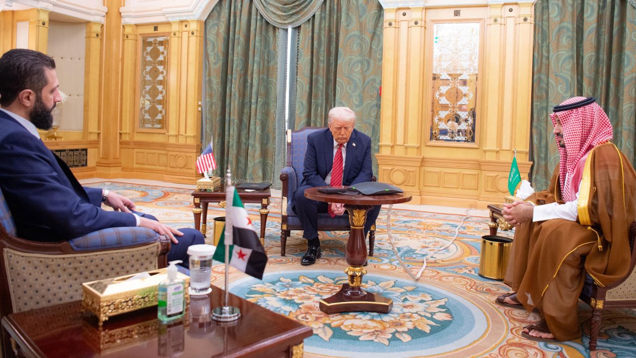 US President Donald Trump meets with Syrian President Ahmad al-Sharaa in Riyadh, Saudi Arabia, on Wednesday, May 14, 2025.