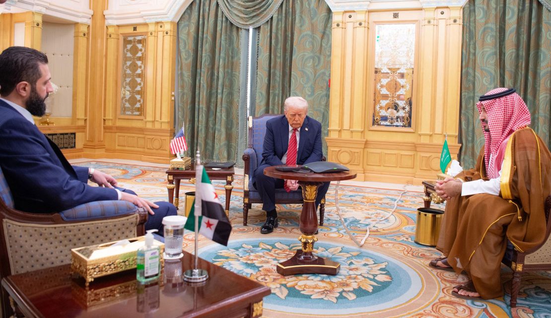 US President Donald Trump meets with Syrian President Ahmad al-Sharaa in Riyadh, Saudi Arabia, on Wednesday, May 14, 2025.
