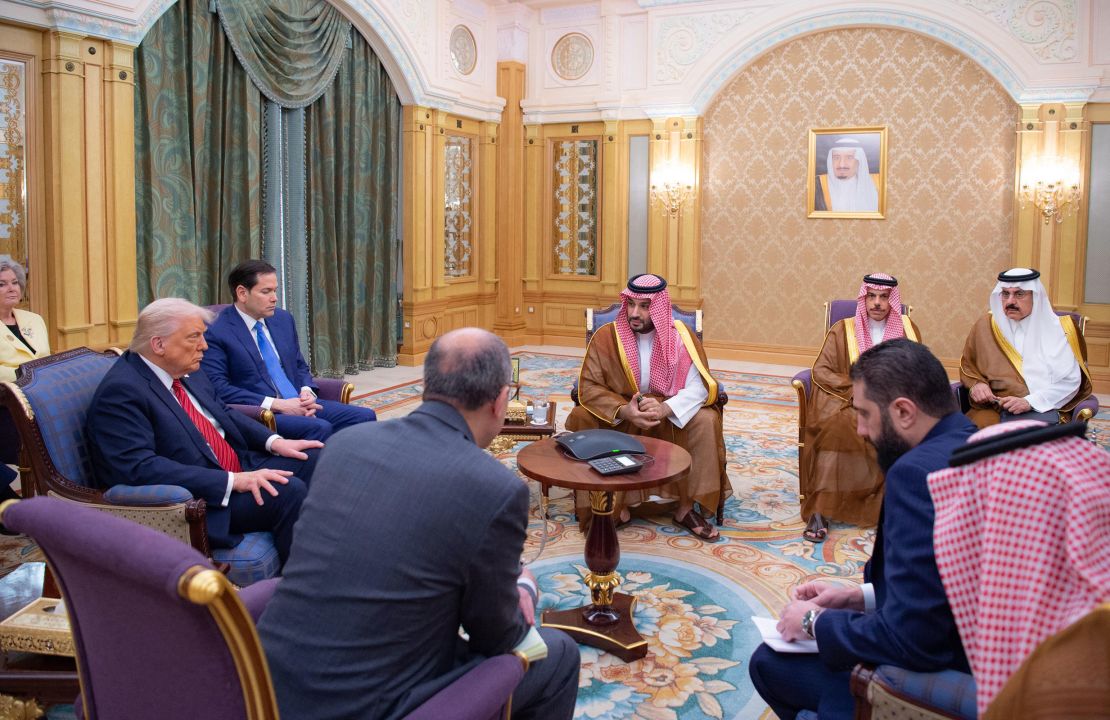 US President Donald Trump meets with Syrian President Ahmad al-Sharaa in Riyadh, Saudi Arabia, on Wednesday, May 14, 2025.