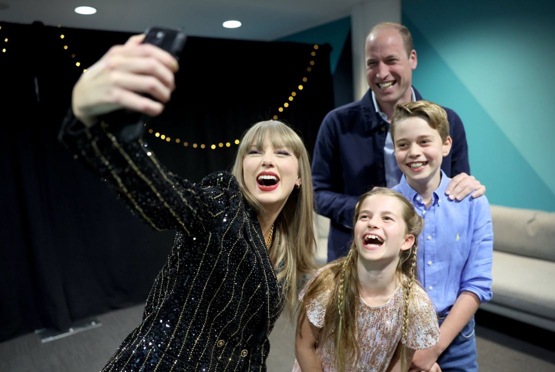 Prince Williams shared a photo of himself, Prince George, Princess Charlotte and Taylor Swift backstage at Swift’s concert in London on June 21.