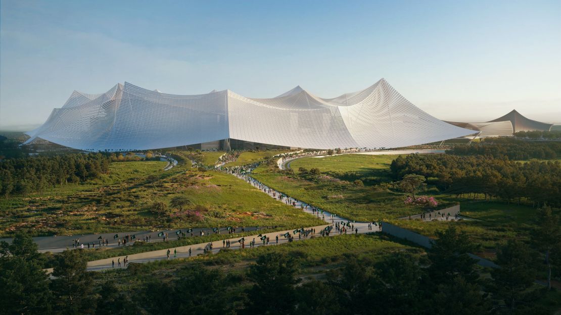 The Grande Stade Hassan II will be built on a lush 100-hectare site, with gardens extending into the interior of the stadium's tent roof.