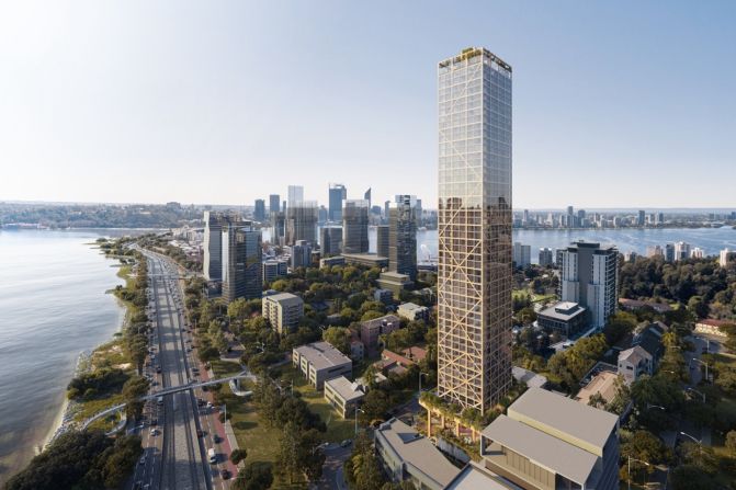 Also vying to become the world’s tallest wooden tower is the <a href="https://www.cnn.com/style/article/australia-c6-worlds-tallest-wooden-building-intl-hnk/index.html">C6 development in Perth</a>, Western Australia (shown here in a rendering). If built, the high-rise could reach up to 627 feet (191 meters) and would made from about 42% timber, with concrete columns and core.