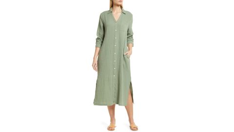 Cotton Gauze Long-Sleeve Midi Shirtdress