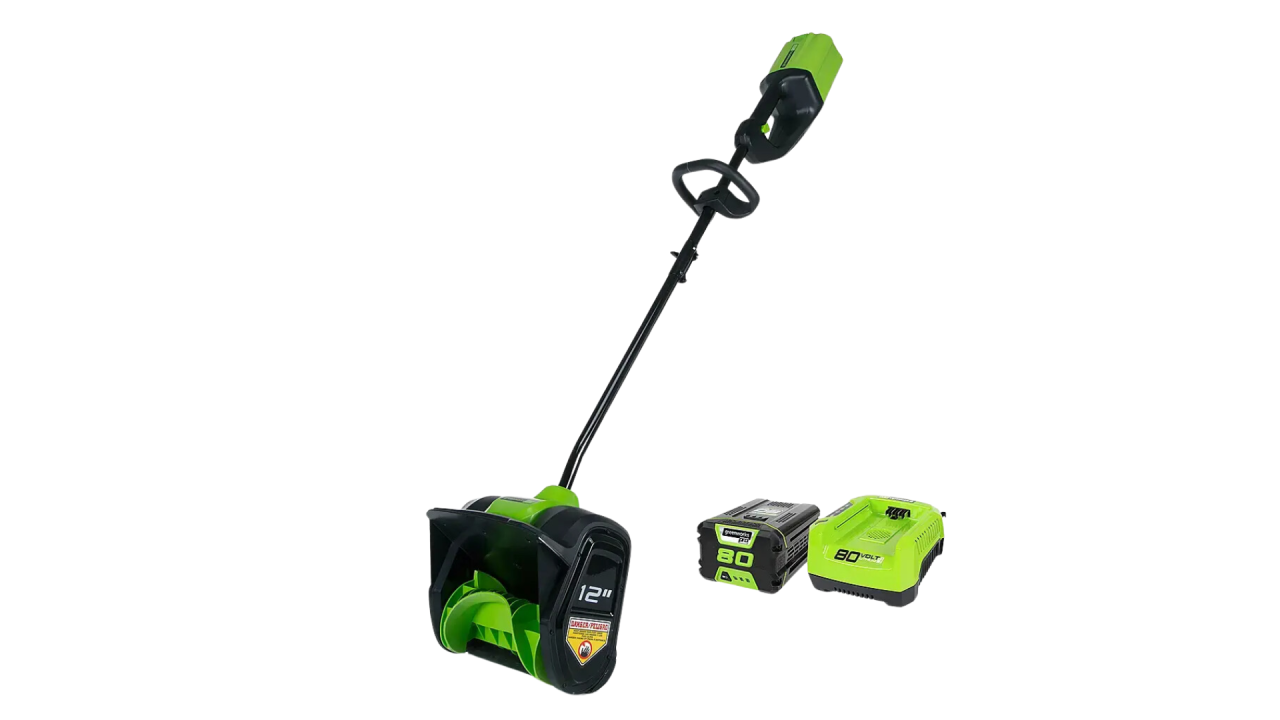 Greenworks Snow Blower in lime green and black.