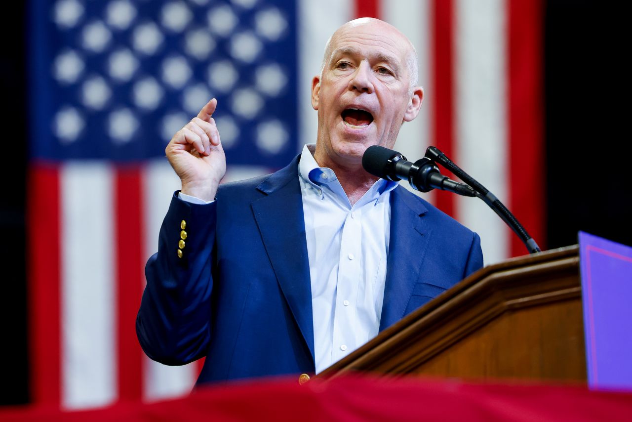 Montana Gov. Greg Gianforte speaks during a rally for Republican presidential nominee, former President Donald Trump at Montana State University in Bozeman, Montana, on August 9, 2024.