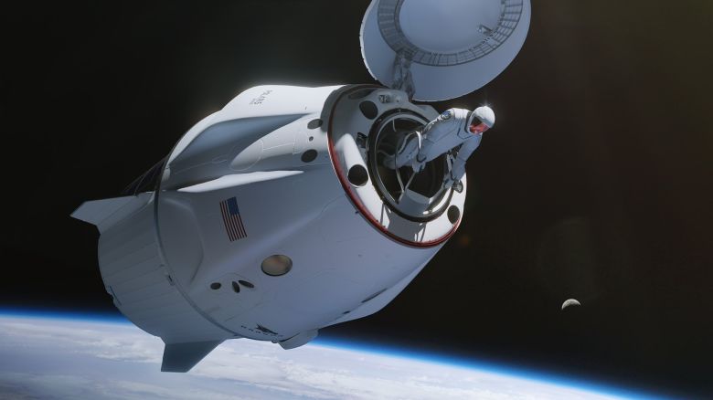 An artist's depiction of the Polaris Dawn missions shows a crew member during a spacewalk, in the moments before stepping outside the capsule into the vacuum of space.