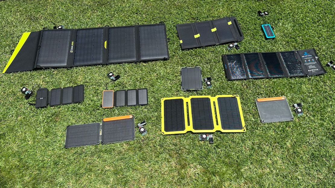 Our test group of solar panels, set up with multimeters and dummy loads and ready for testing under a day with variable cloud cover.