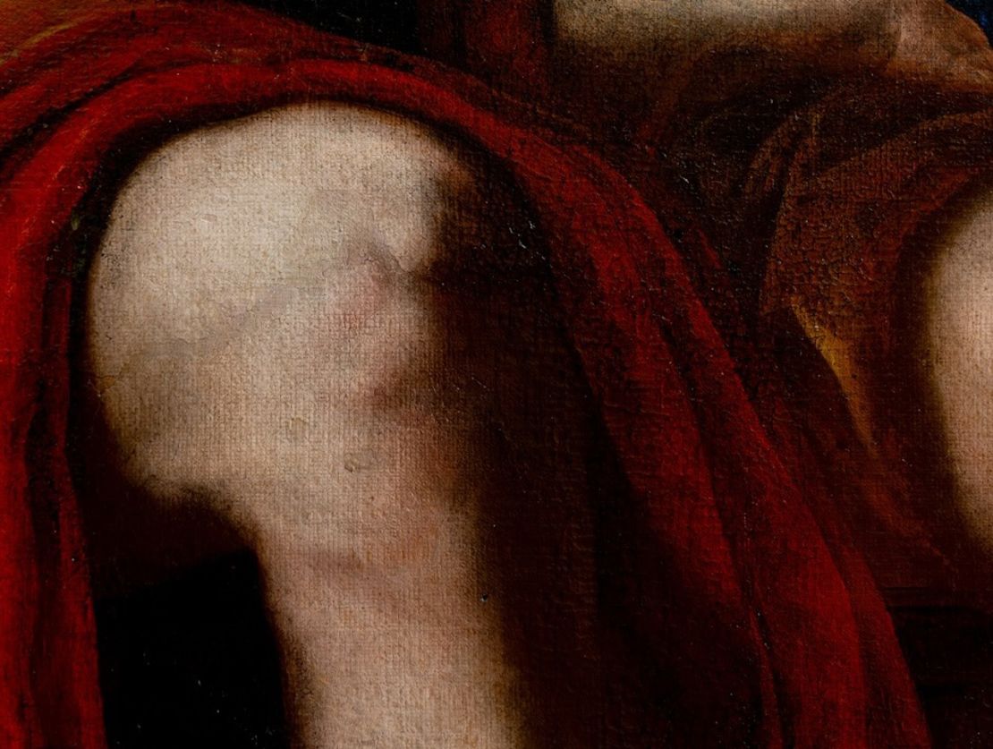 Hercules’ knee following conservation treatments. Though the damage has been mended, Birkmaier says the painting will always bear “some scars.”