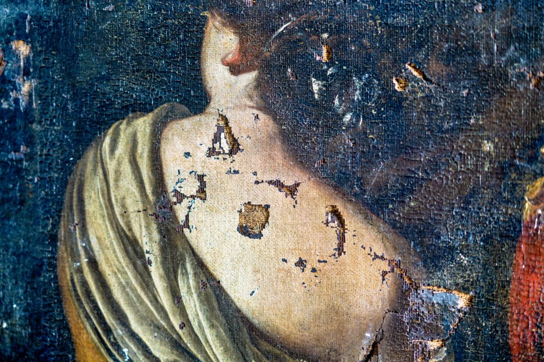 An image of the damage of the draped figure on the left side of “Hercules and Omphale.”