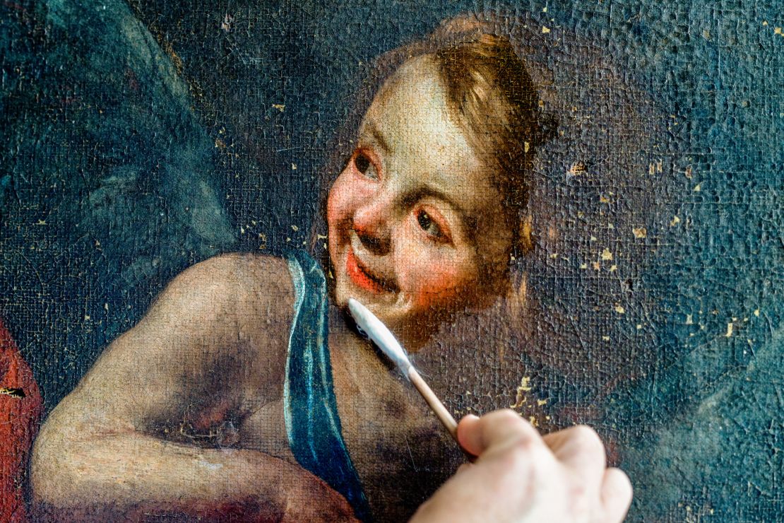 A detail of Cupid’s face in “Hercules and Omphale.” Gentileschi’s take on “Hercules and Omphale” is emotionally charged as the titular pair fall in love.