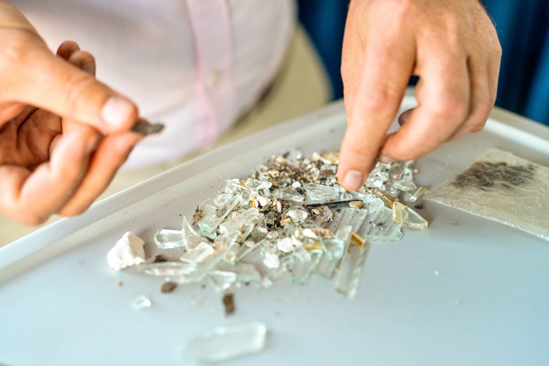 When Birkmaier saw the artwork for the first time in Beirut, he collected glass and debris covered in fragments of paint.