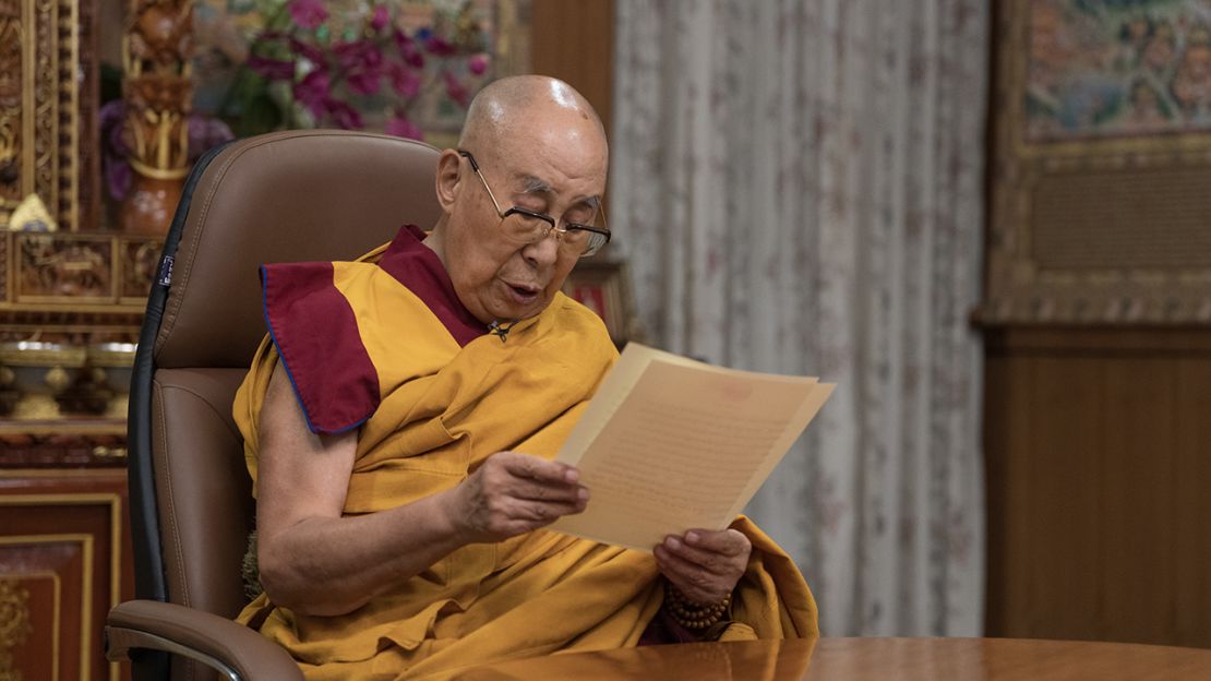 Tibetan spiritual leader the Dalai Lama speaks in a previously-recorded video message at the start of the 15th Tibetan Religious Conference in Dharamshala, India on July 2, 2025.