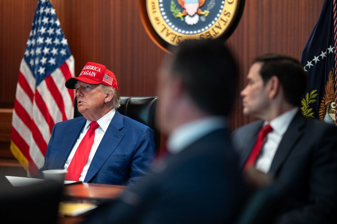 President Donald Trump, Secretary of State Marco Rubio and Secretary of Defense Pete Hegseth sit in the Situation Room on Saturday night.