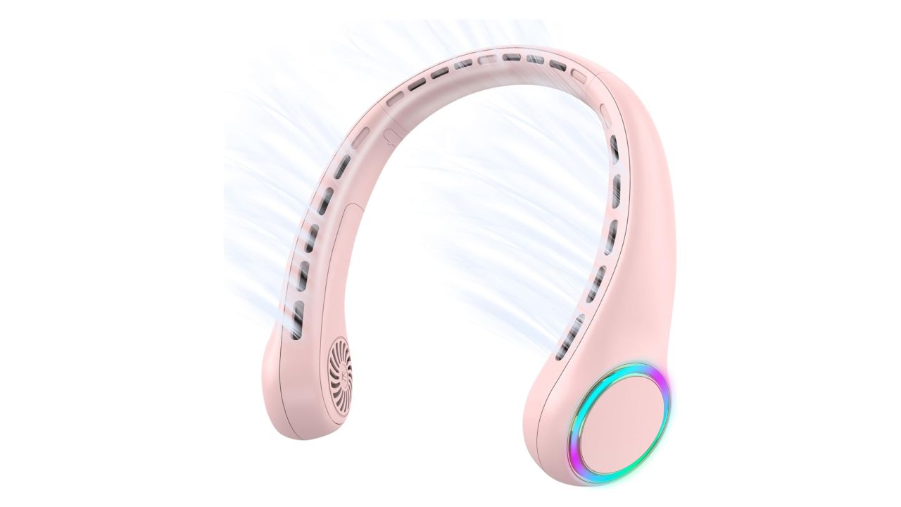 A pink gulaki neck fan against a white background