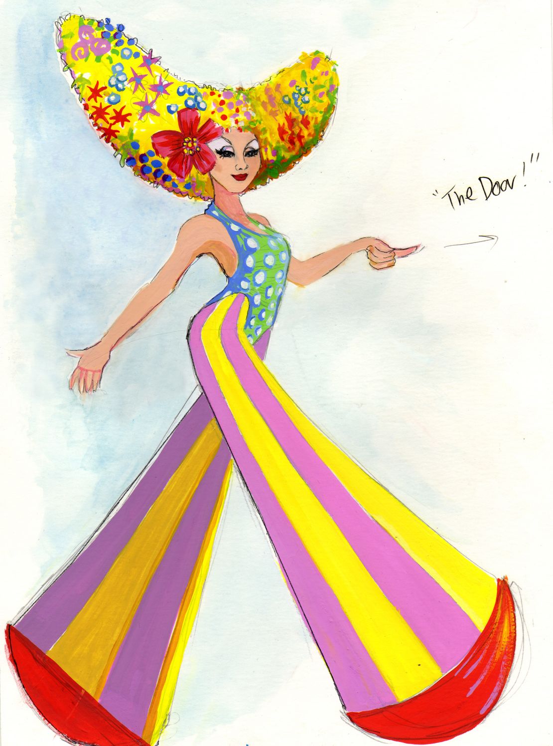 Tim Chappel's costume sketch shows the origins of the floral headpieces and flat-bottomed outfit worn by the principal trio during their performance of "I Will Survive".