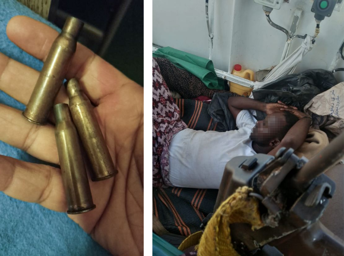 Used gun shells found onboard MV Abdullah (left). A pirate rests next to his gun while holding the crew hostage (right).