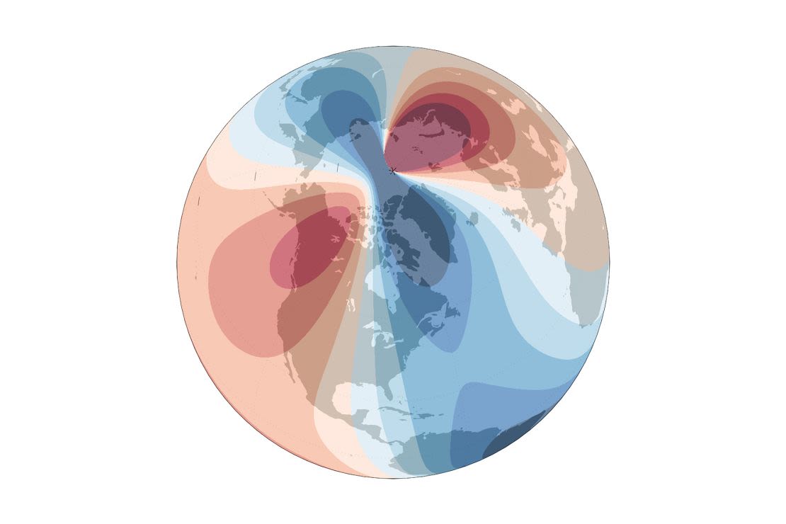 Esta imagen muestra la declinación magnética, o el ángulo entre el norte magnético y el geográfico, según el Modelo Magnético Mundial publicado en 2025. El rojo es el norte magnético al este del norte geográfico; el azul es el oeste.