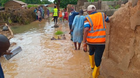 Nigerian emergency management agency officials visit a flood-ravaged area in northern Jigawa State.