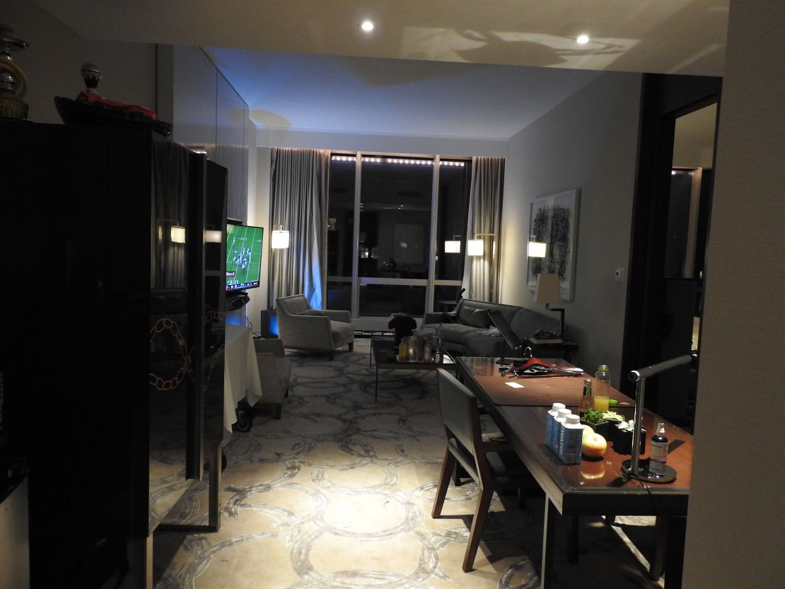 A photo of the interior of Combs' hotel room where he was staying at the time of his arrest.
