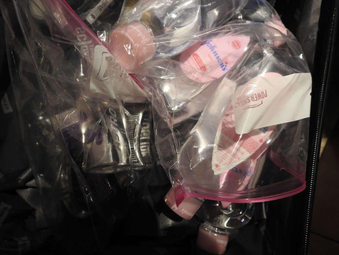 Two ziploc bags, each filled with <a href="https://www.cnn.com/entertainment/live-news/diddy-sean-combs-trial-05-16-25#cmar6rspb001u3b6n45tj50nc">Johnson’s baby oil and Astroglide</a>, were recovered from bags in an entryway closet. More bottles of baby oil and lubricant were found in the bathroom, on the nightstand and elsewhere in the room, according to trial testimony.