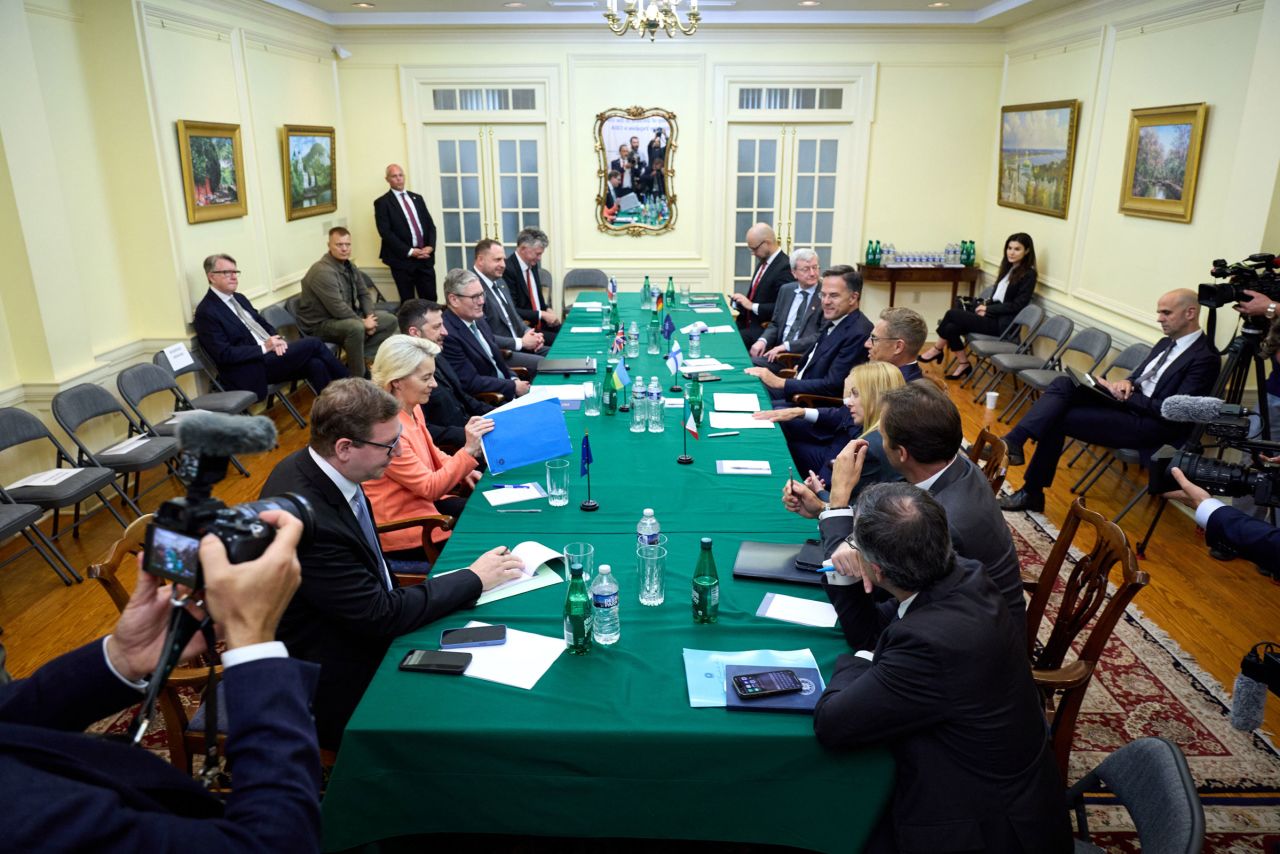 Ukrainian President Volodymyr Zelensky meets with European leaders at the Ukrainian embassy in Washington, DC, on Monday.