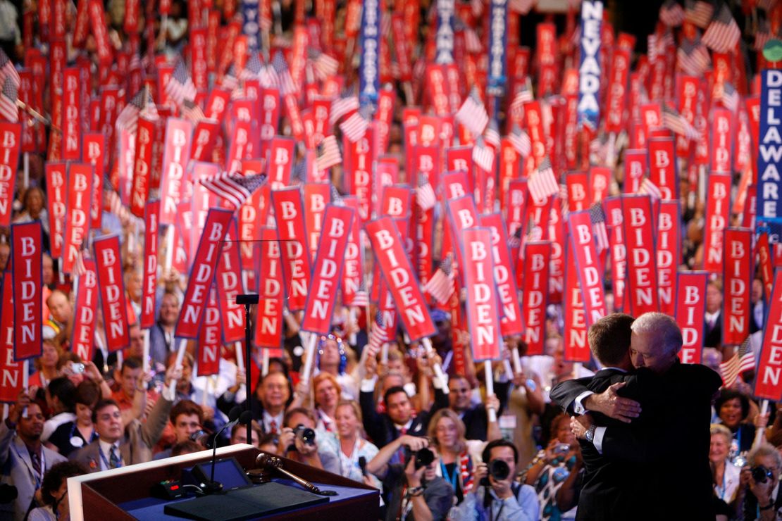 Sen. Joe Biden, right, embraces his son, then-Delaware Attorney General Joseph R. "Beau" Biden III onstage at the Democratic National Convention in Denver on Aug. 27, 2008. 