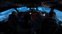 Crew fly a National Oceanic and Atmospheric Administration WP-3D Orion, nicknamed Kermit, through Tropical Storm Barry to collect data, over the Gulf of Mexico on July 11, 2019. Kermit and a twin plane, Miss Piggy, are sophisticated flying research labs that logged their first flights in the mid-1970s. (Chang W. Lee/The New York Times)