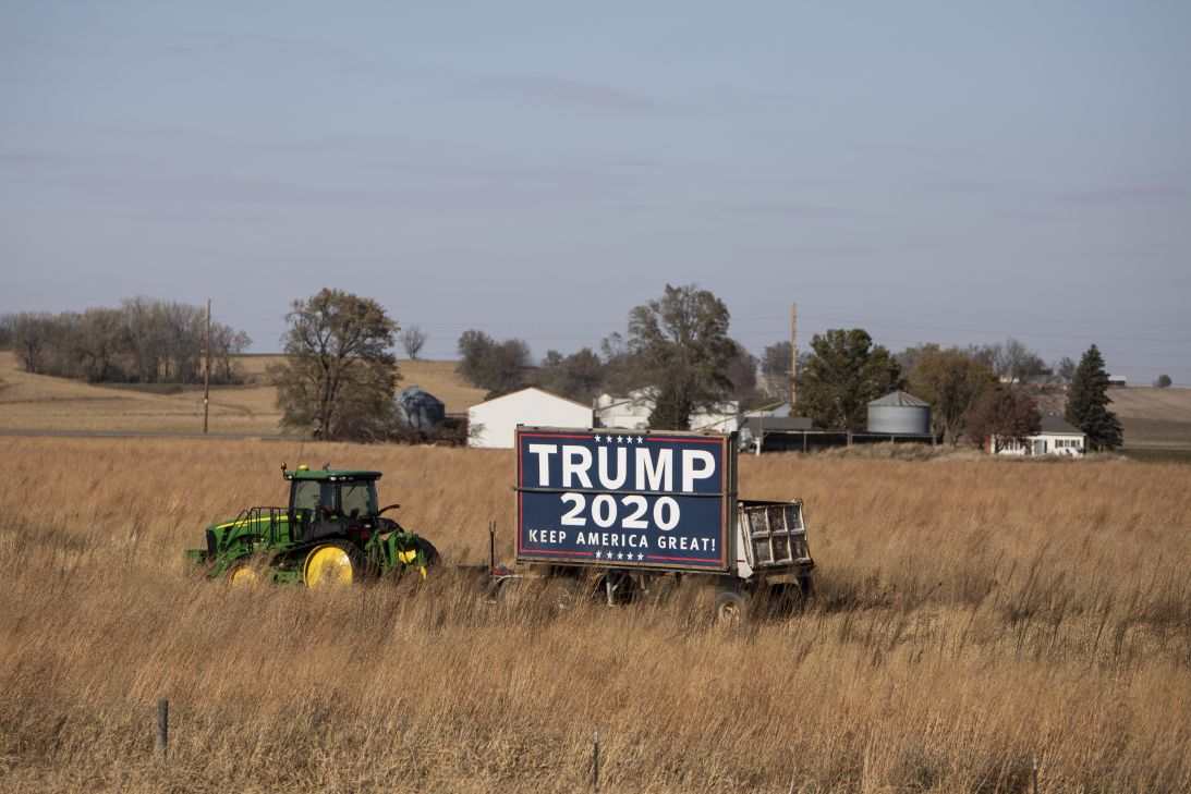A Trump 2020 sign in a field along Interstate-80 in Baxter, Iowa, in October 2020.