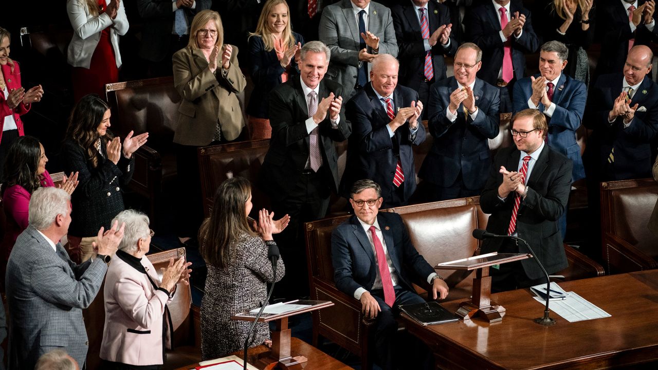 Rep. Mike Johnson, center, is applauded as Rep. Elise Stefanik nominates him for House speaker on Capitol Hill in Washington, DC, last week.