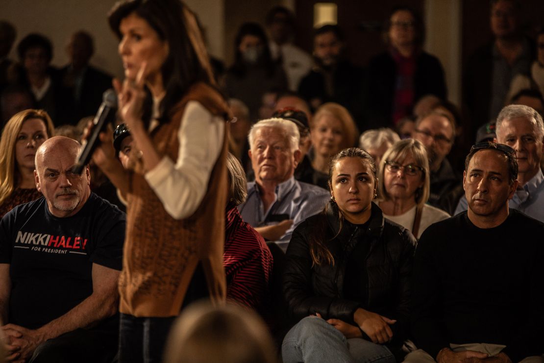 Haley speaks at a town hall at the Atkinson Country Club and Resort in Atkinson, New Hampshire, on December 14, 2023.