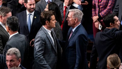 Rep. Kevin McCarthy (R-Calif.), right, speaks with Rep. Matt Gaetz (R-Fla.) after Gaetz voted "Present" and failed the 14th speakership vote for McCarthy, on the House floor at the Capitol, in Washington on Jan. 7, 2023. 